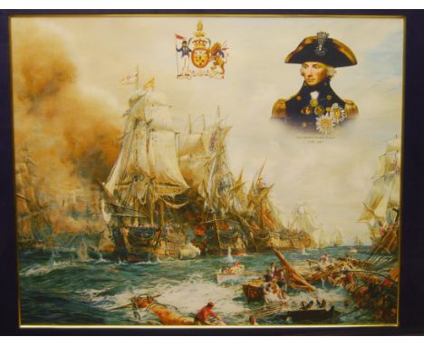 After William Lionel Wyllie - Victory at Trafalgar, reproduction print by The Danbury Mint, No. 250, 46x57cm