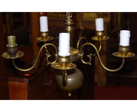 Dutch style brass six light ceiling pendant together with other modern ceiling pendants, pair of gilt metal wall lights