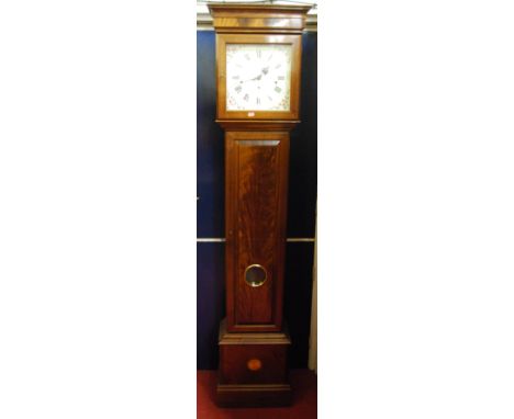 A reproduction mahogany and flame mahogany longcase clock, the floral white dial signed Knight &amp; Gibbings of London, with