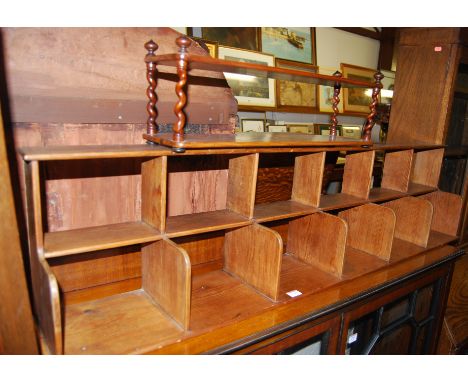 A Victorian pitched pine two-tier open condiment shelf; together with a 19th century rosewood two-tier shelf, w.132cm (2)