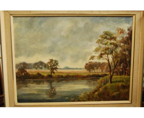 E Frost - children fishing on the riverbank, oil on canvas, signed lower right, 45x60cm, together with an Edwardian framed mo