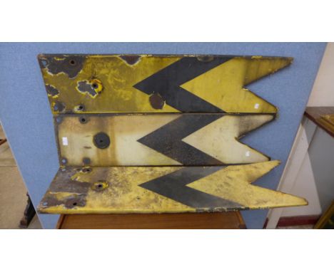 Four vintage enamelled railway signs and assorted small terracotta plant pots 