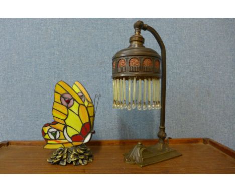 An Art Nouveau table lamp and a Tiffany style butterfly shaped table lamp 