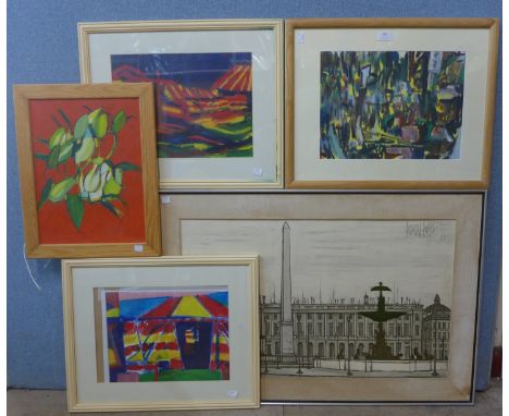 John Winter, two abstract oils, two prints and a Bernard Buffet print, framed 