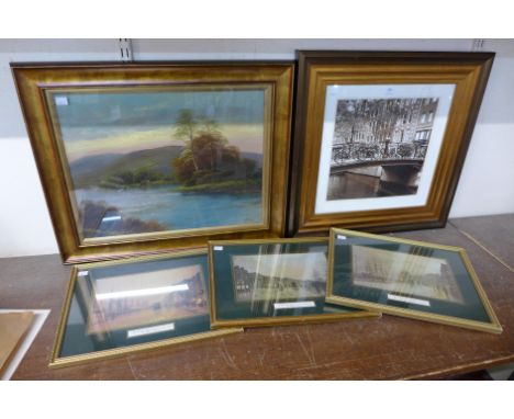 T. Wood, river landscape, oil, print of Amsterdam and three other prints