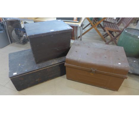 Two Victorian stained pine boxes and a tin trunk 