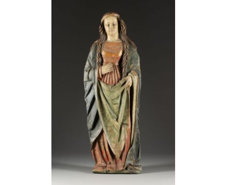 GOTTESMUTTER RELIEF Süddeutsch, 18. Jh. Holz, plastisch geschnitzt, reliefiert, rückseitig geflacht, farbig gefasst. H. 90, B