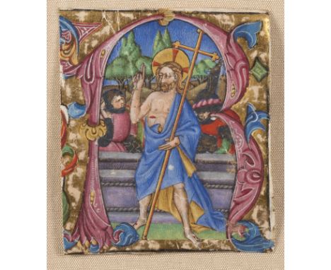 EINZELSEITE MIT BILDINITIALE 'R' MIT CHRISTUS ALS AUFERSTANDENEM Italien, 2. H. 15. Jh. Polychrome und Goldmalerei auf Pergam