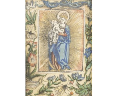 UNBEKANNTER GRAFIKERTätig im 16. Jh.MONDSICHELMADONNA MIT FLORALER UND INSEKTENBORDÜRE Holzschnitt, koloriert, auf Papier; ve
