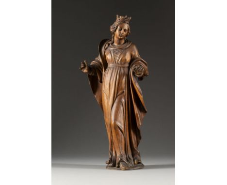 BEKRÖNTE MADONNA Süddeutsch, 18. Jh. Weichholz, plastisch geschnitzt, dunkel gebeizt, auf Sockel. Ges.-H. 48, B. 21, T. 12 cm