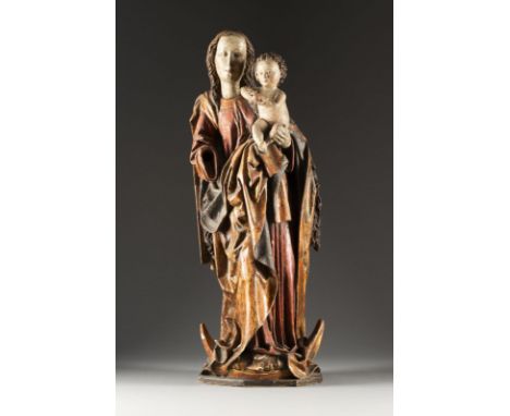 GROSSE MONDSICHEL MADONNA MIT DEM CHRISTUSKIND Süddeutsch/Österreich, 17. Jh. Eichenholz, plastisch geschnitzt, rückseitig ge