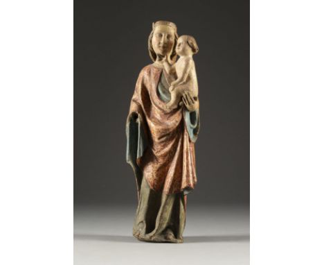 MADONNA MIT DEM CHRISTUSKIND Wohl Spanien/Südamerika, 15./16. Jh. Weichholz, plastisch geschnitzt, farbig gefasst, rückseitig