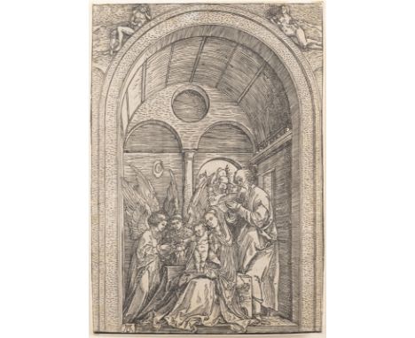ALBRECHT DÜRER1471 Nürnberg - 1528 ebenda'DIE HEILIGE FAMILIE MIT ZWEI ENGELN IN DER GEWÖLBTEN HALLE' (UM 1504) Holzschnitt a