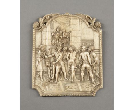 DIE GEISSELUNG CHRISTI Flämisch oder französisch, 17. Jh. Elfenbein, reliefiert, klassizistische Rahmenbordüre. H. 12,5, B. 1