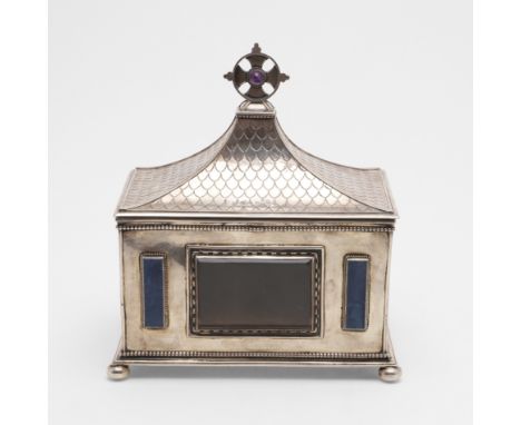 a George V reliquary box, in the form of a building, with bead borders, an amethyst-set finial and a bevelled edge window at 