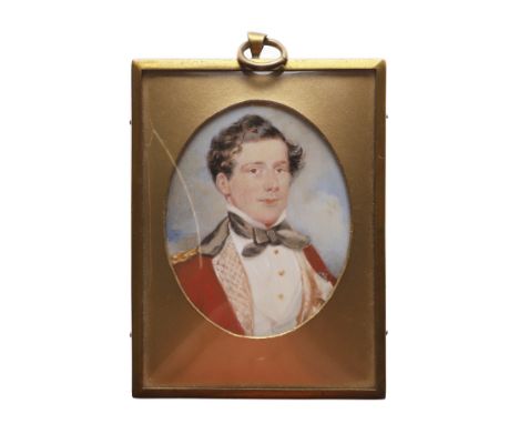 Miniature portrait of a young officer wearing red jacket, head and shoulders, on ivory, 6.75 x 5.25 cm Ivory submission refer