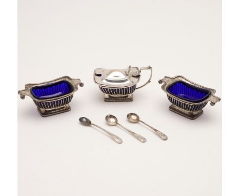 rounded rectangular form with ribbon &amp; reed borders, wire-work sides and scroll handles, (blue glass liners), by Haseler 