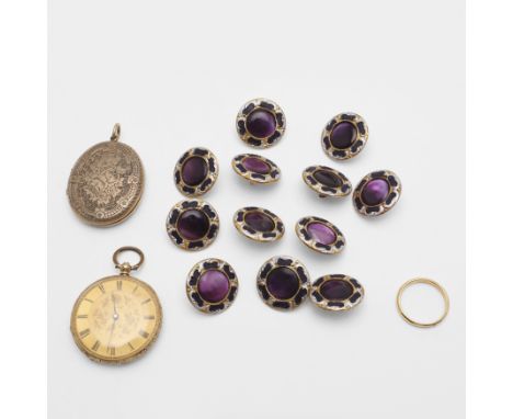a gold pocket watch, with enamel decoration and the dial with Roman numerals, unmarked, a 22ct gold wedding band, a miniature