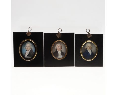 portrait of a gentleman wearing a wig, brown coat and white waistcoat, on ivory; 6.75 x 5.25cm, together with two portraits o