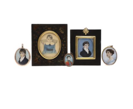 Miniature portrait of a young man wearing blue jacket and white stock on ivory, 5.5 x 4.5cm, gold frame, a portrait of a lady