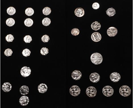 a set of 6 Edwardian buttons, decorated with a lady playing an instrument, by Joseph Gloster Ltd, Birmingham 1902, a set of 6