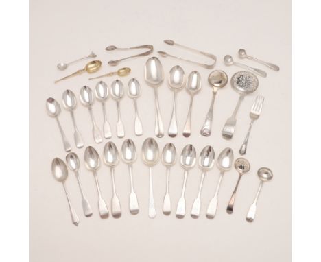 including 12 Fiddle teaspoons, 2 Old English dessert spoons, a Hanoverian tablespoon, a small King's Pattern ladle, a sugar s