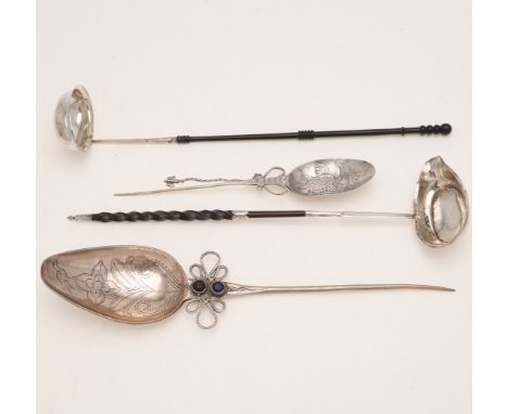 the bowl chased with a heart &amp; double-headed bird, the stem with decorative loop mounts and a small bird on a chain, unma