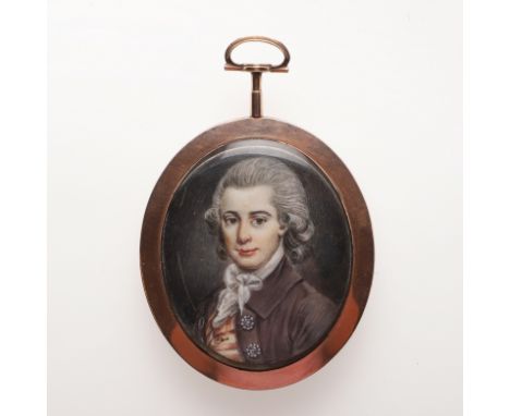 Miniature portrait of a young gentleman wearing brown coat, head and shoulders on ivory ,5.25 x 4.5 cm , hairwork reverse, in