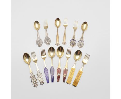 five pairs with enamel decoration, the other two with piercing and crown terminals, mixed makers, 1933-1971; the largest spoo
