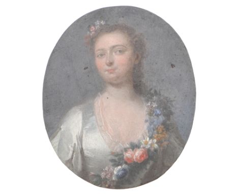 Miniature portrait of a lady wearing white silk dress and floral garland, half length on copper , 7 x 5.75 cm. *CR generally 