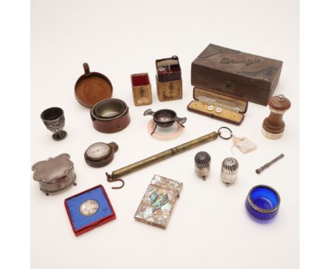 a mounted wooden bridge box, a Victorian necessaire &amp; implements, a pocket barometer, a dressing table box, a mother-of-p