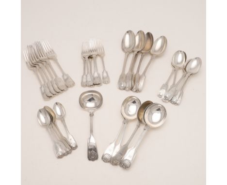 including: 5 tablespoons, 6 table forks, 6 soup spoons, 6 dessert forks, 6 dessert spoons, 5 teaspoons and a sauce ladle, by 