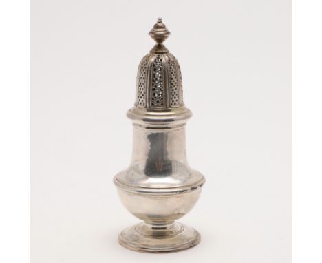 the pull-off cover with a urn finial, raised on a spreading circular foot, by William Comyns &amp; Sons Ltd, London 1960; 6.5