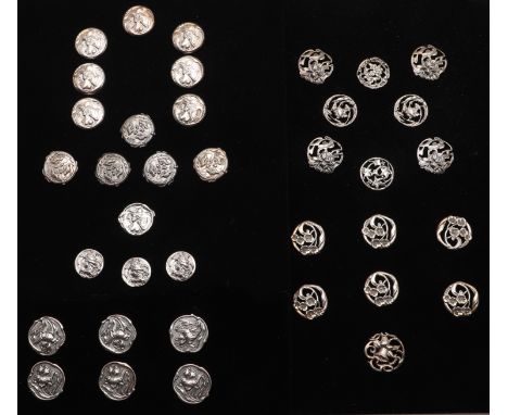a set of 6 Edwardian buttons, circular and decorated in relief with a lady, by J &amp; R Griffin, Chester 1905, and another b