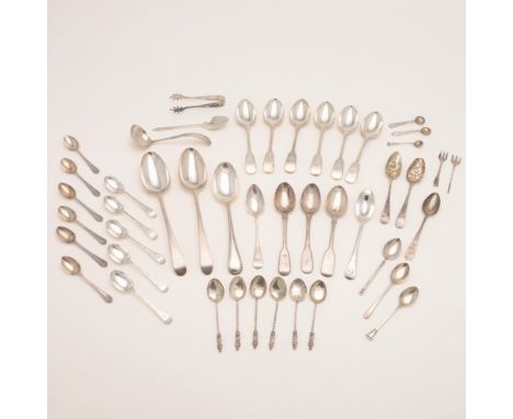 including a set of six Victorian Fiddle Pattern teaspoons, two 18th century tablespoons, a cased set of 6 teaspoons, a jam sp