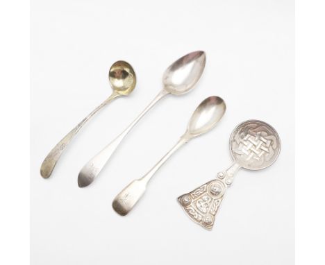 a modern caddy spoon, with "Celtic" decoration, a provincial condiment spoon, initialled, by George Booth of Aberdeen (GB, AB