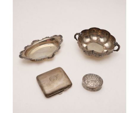 a 20th century Mexican two-handled lobed bowl, with a chased floral frieze and raised on a collet foot, by Sanborns of Mexico