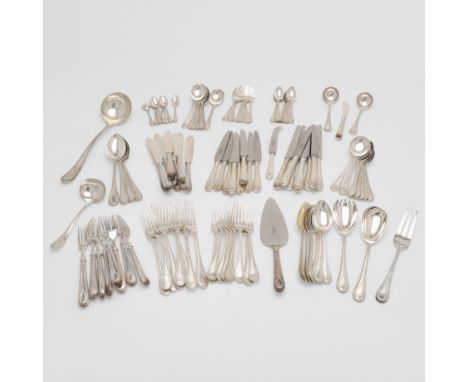 with Bright-cut engraved terminals, consisting of: 8 table forks, 4 table spoons, 8 dessert forks, 8 dessert spoons, 8 soup s
