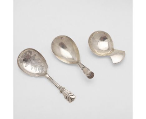 with an oval bowl, initialled "M:H" on the back and with a Bright-cut engraved stem, no makers mark, London 1795, together wi