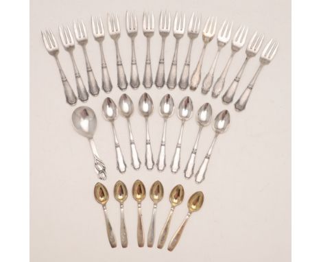 with hammered stems, by Johannes Siggaard, Copenhagen 1939, together with 7 teaspoons and another cake fork, same pattern, by
