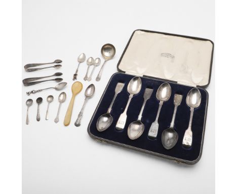 initialled "R.F.M", contained in a fitted case, by Henry Holland, London 1869, together with, 3 tea/ coffee spoons, 6 condime