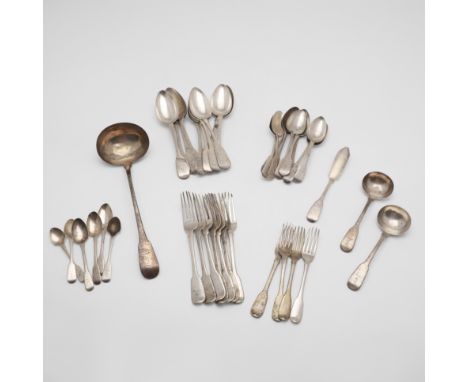 11 tablespoons, (including a set of 6 William IV tablespoons, by Jonathan Hayne, London 1831), 7 table forks, 10 dessert spoo