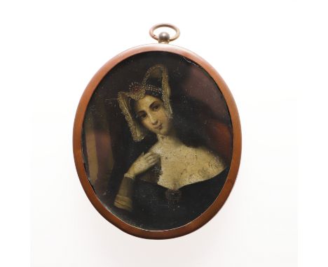 Miniature portrait of a lady wearing lace bordered headdress, head and shoulders, on card, 7.25 x 6cm. *CR requires cleaning.