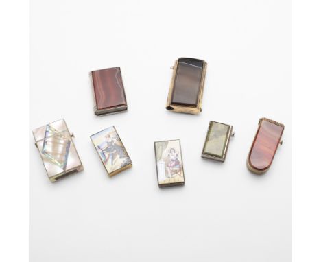 four with agate/ hardstone covers, two decorated in enamel with ladies and a mother-of-pearl example; the largest 2.1" (5.5cm
