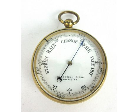 A brass cased pocket barometer, marked Casartelli & Son Manchester to face, d. 6.5cm    CONDITION REPORT:  extensive scratche