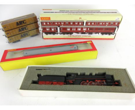 A boxed HO gauge Rivarossi locomotive and tender No.1365, together with a boxed set of Hornby OO gauge Talisman Coaches R 425