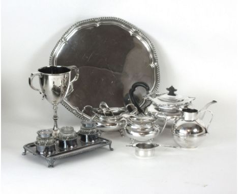 A group of silver plated wares including a salver, teapot, inkwell, trophy etc.