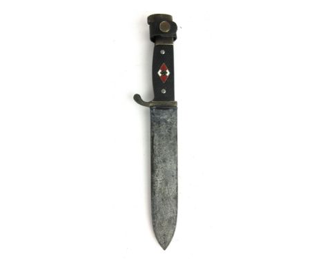 A WWII Nazi Hitler Youth knife, handle inset with Swastika, and No.RZM 39 to handle above &, with original black scabbard and