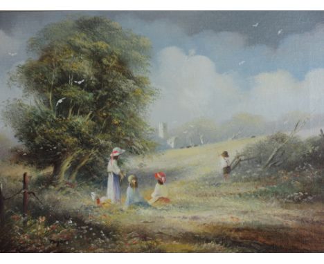 Ted Dyer (b.1940),a group of children playing in a meadow,signed,oil on canvas,29 x 39 cm,framed