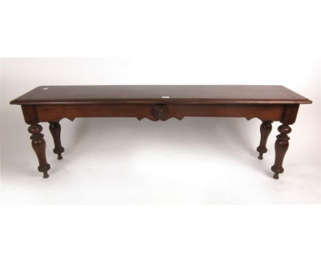 A Victorian mahogany window bench, the moulded seat on turned legs, h. 44 cm, w. 137 cm, d. 30 cm   CONDITION REPORT:  Later 